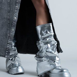 Brand New Silver Slouchy Foldover Moto Boots